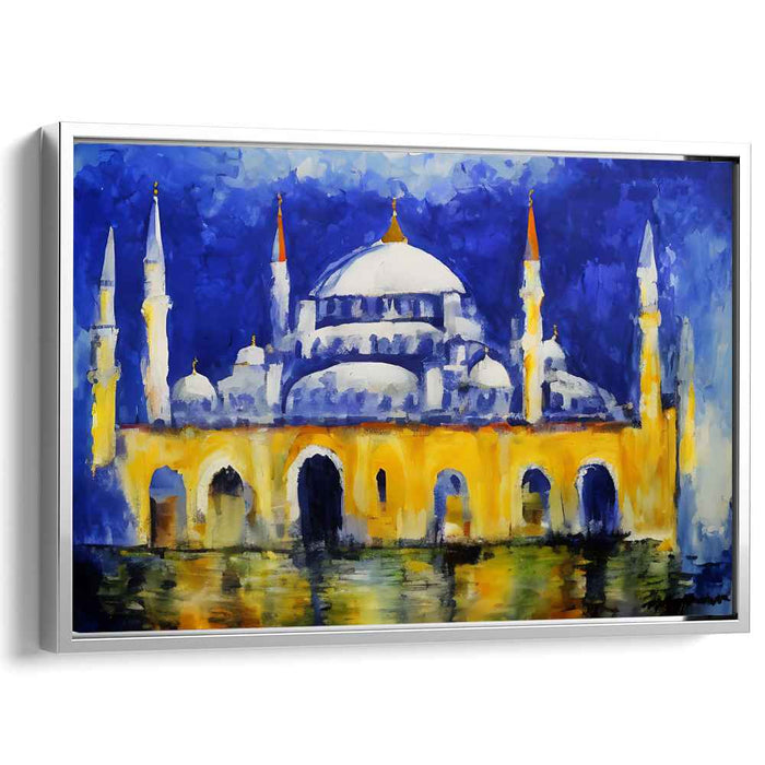 Mystic Reverie of Gilded Hues: Expressionist Blue and Golden Mosque Canvas Art