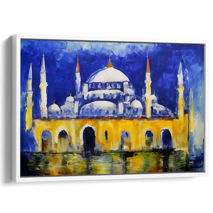 Mystic Reverie of Gilded Hues: Expressionist Blue and Golden Mosque Canvas Art