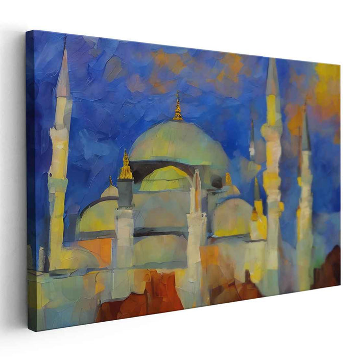 Abstract Majesty: Vibrant Mosque in Blue and Yellow Canvas Art