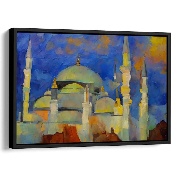 Abstract Majesty: Vibrant Mosque in Blue and Yellow Canvas Art