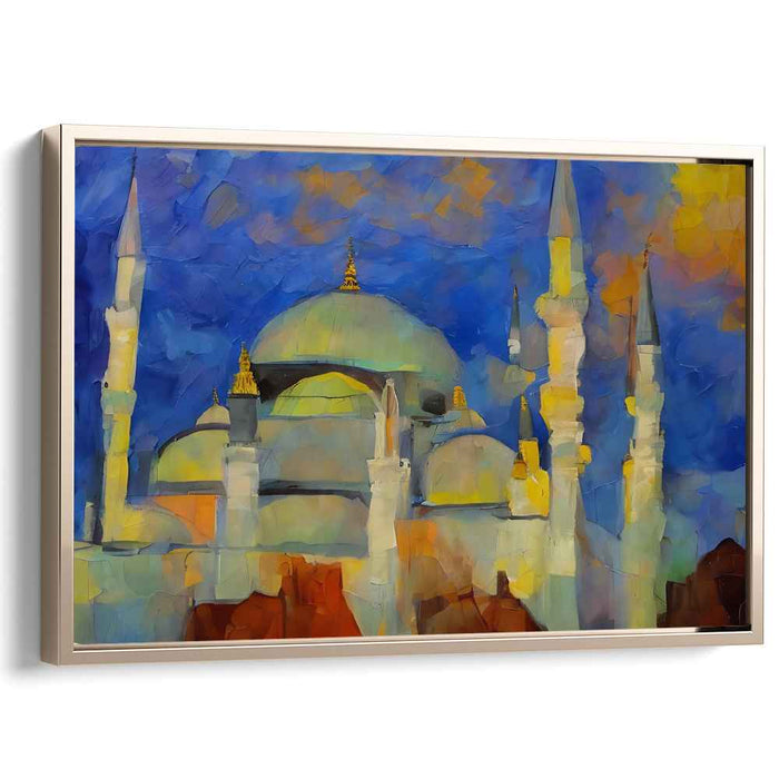 Abstract Majesty: Vibrant Mosque in Blue and Yellow Canvas Art