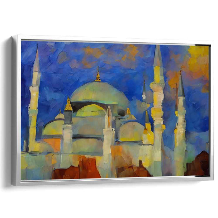 Abstract Majesty: Vibrant Mosque in Blue and Yellow Canvas Art