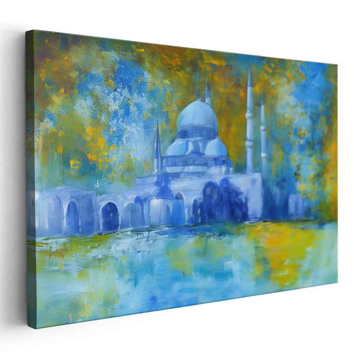 Tranquil Mosque Abstraction: Abstract Mosque in Tranquil Blues Canvas Art Print