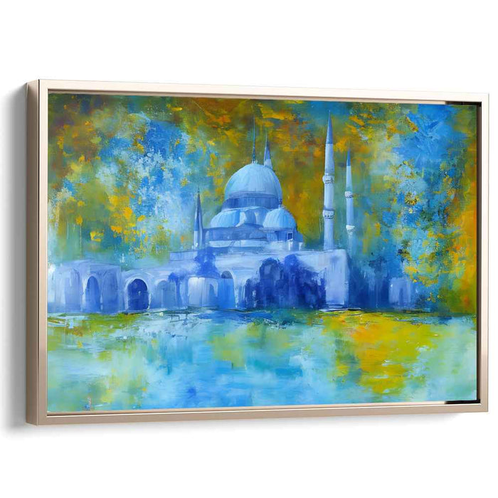 Tranquil Mosque Abstraction: Abstract Mosque in Tranquil Blues Canvas Art Print