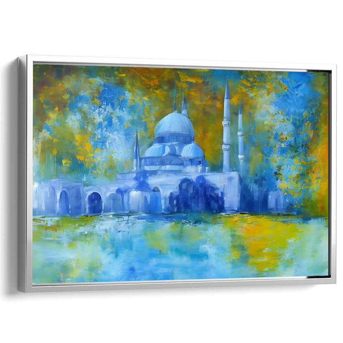 Tranquil Mosque Abstraction: Abstract Mosque in Tranquil Blues Canvas Art Print