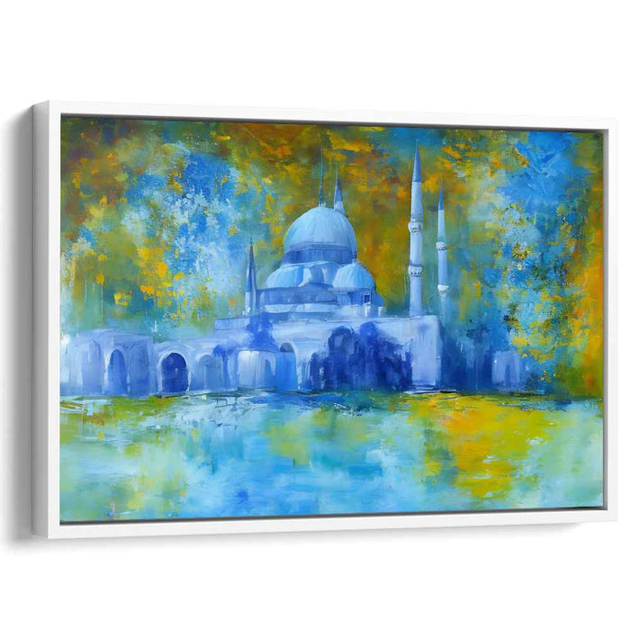 Tranquil Mosque Abstraction: Abstract Mosque in Tranquil Blues Canvas Art Print
