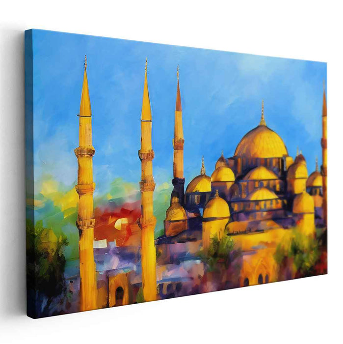 Ethereal Domes Aglow: Sunset Over Iconic Mosque Canvas Art Print