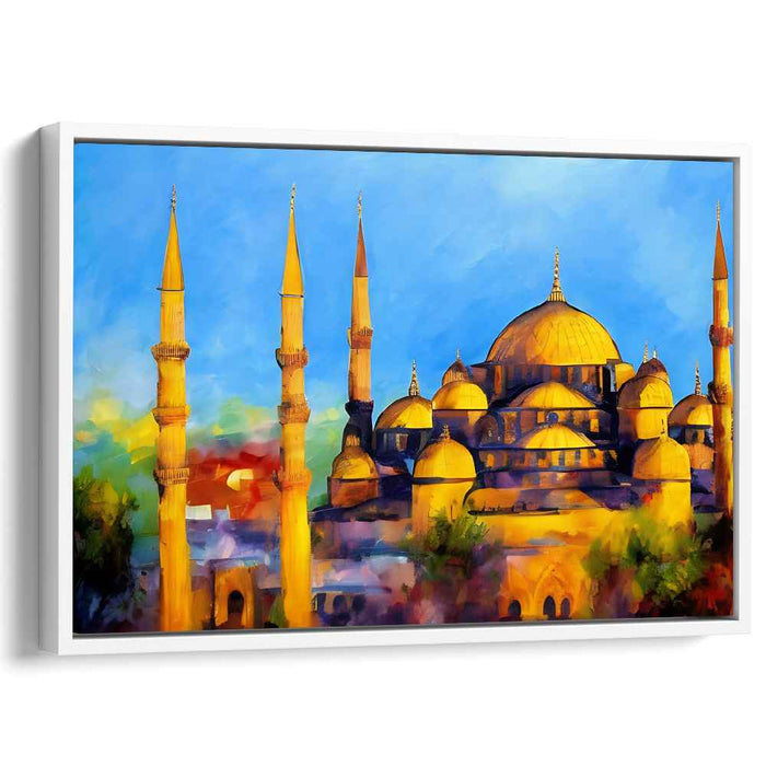 Ethereal Domes Aglow: Sunset Over Iconic Mosque Canvas Art Print