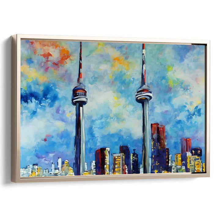 Urban Legends: Expressive Cityscape with Iconic Towers Canvas Art Print