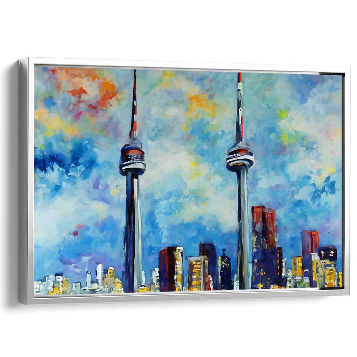 Urban Legends: Expressive Cityscape with Iconic Towers Canvas Art Print