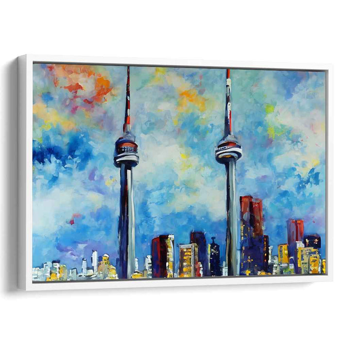 Urban Legends: Expressive Cityscape with Iconic Towers Canvas Art Print