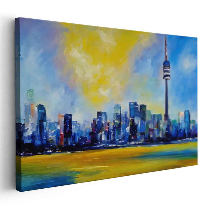 Color Symphony Among Skyscrapers: Impressionist Tower and Vibrant Skyline Canvas Art