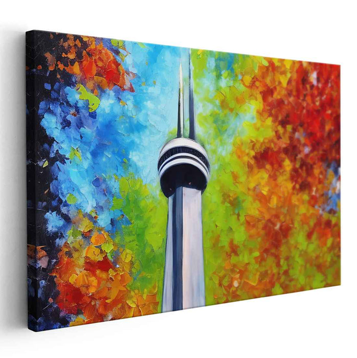 Abstract Beacon Brilliance: Iconic Tower Amidst Colorful Abstract Canvas Art