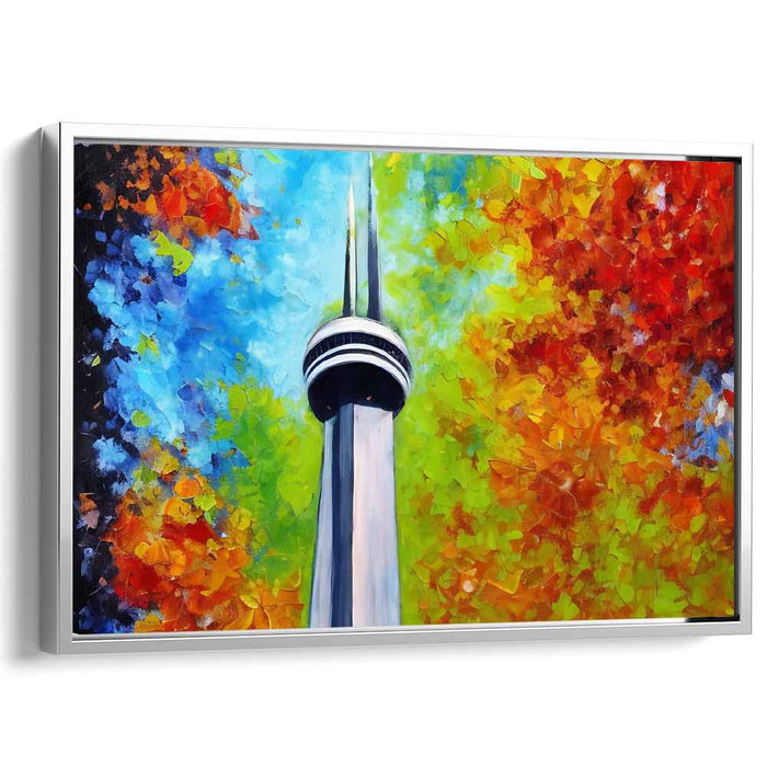 Abstract Beacon Brilliance: Iconic Tower Amidst Colorful Abstract Canvas Art