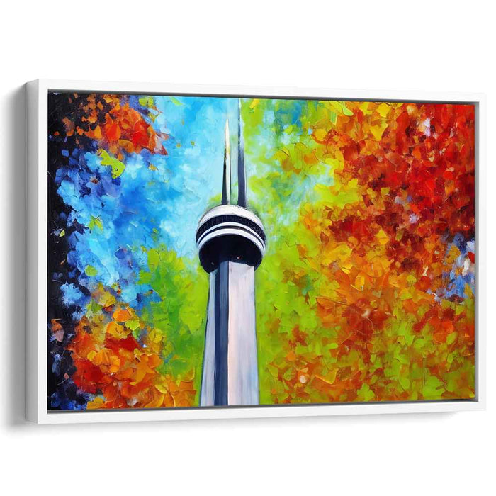 Abstract Beacon Brilliance: Iconic Tower Amidst Colorful Abstract Canvas Art