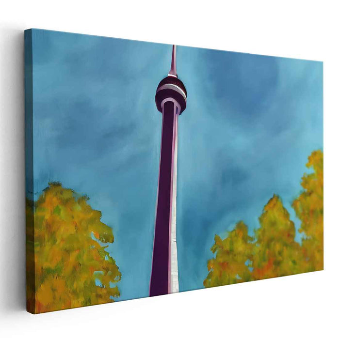 Majestic Tower in Magenta: Modern Expressionist Cityscape Canvas Art