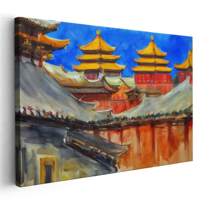 Dragon Lantern Glow: Vibrant East Asian Temple Landscape Canvas Art