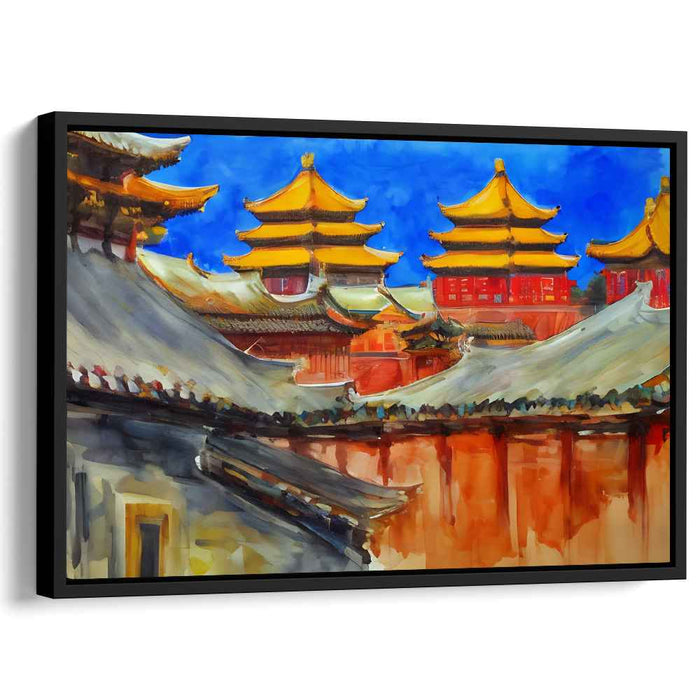 Dragon Lantern Glow: Vibrant East Asian Temple Landscape Canvas Art