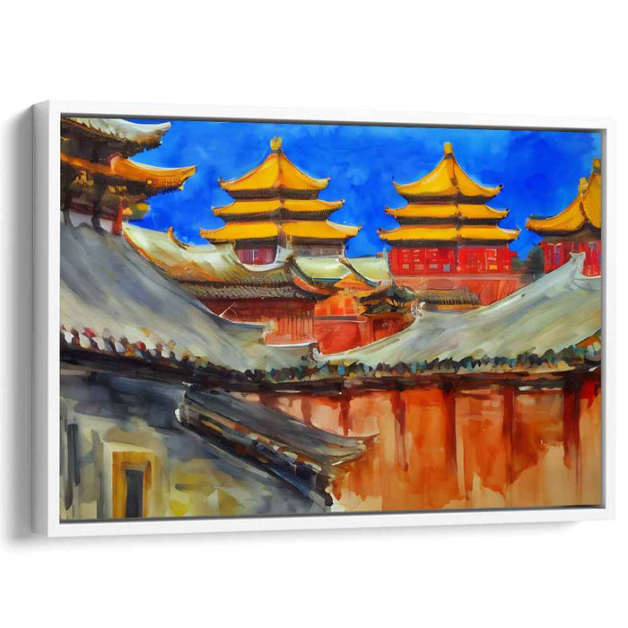 Dragon Lantern Glow: Vibrant East Asian Temple Landscape Canvas Art