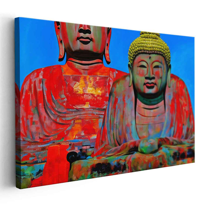 Serene Divinity: Vibrant Buddha Duo in Expressive Color Canvas Art