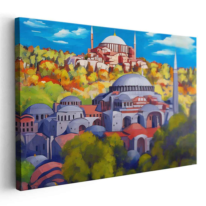 Mosaic Whispers in Blue: Vibrant Hagia Sophia Landscape Canvas Art