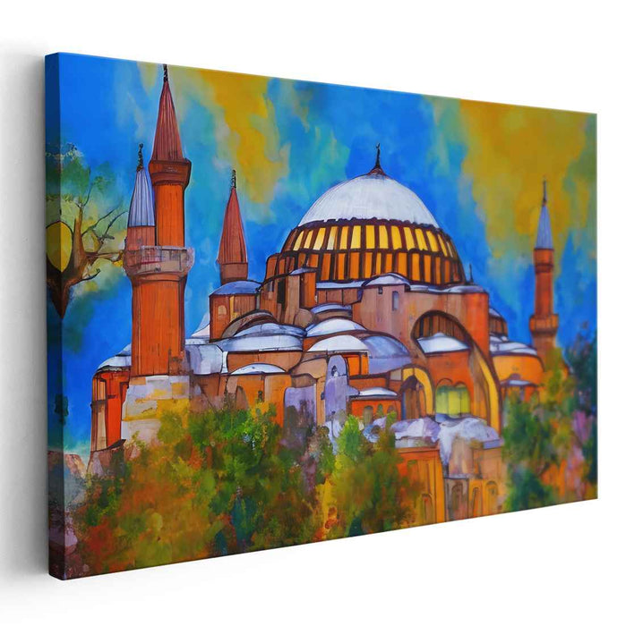 Turquoise Echoes in Stone: Expressionist Hagia Sophia in Vivid Colors Canvas Art Print