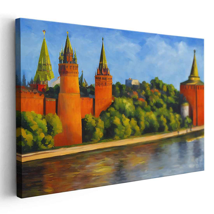 Historic Red Towers: Reflections on a Serene River Canvas Art Print