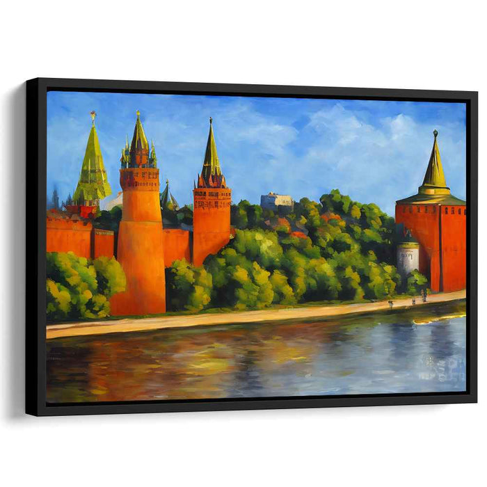 Historic Red Towers: Reflections on a Serene River Canvas Art Print