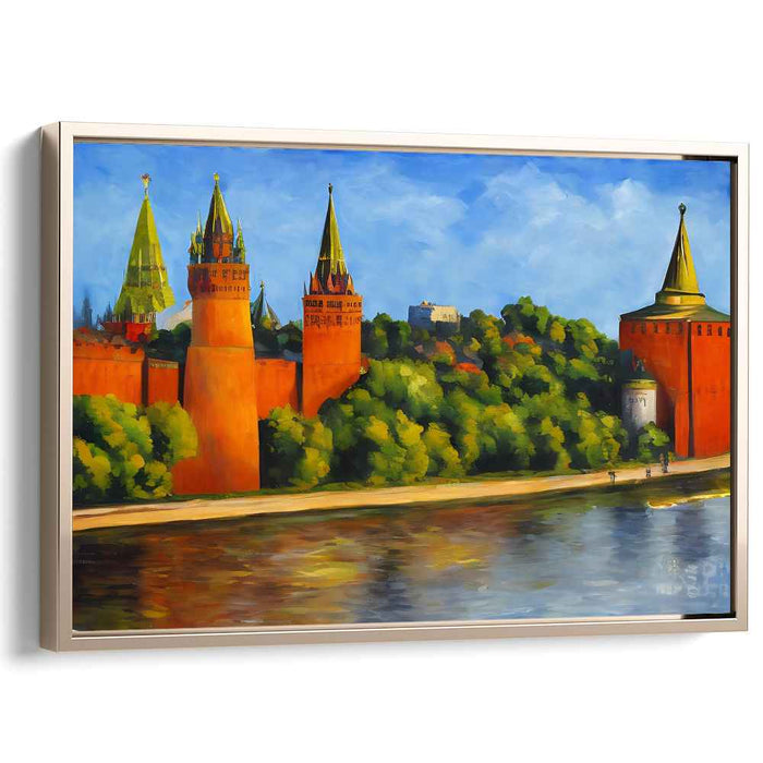Historic Red Towers: Reflections on a Serene River Canvas Art Print