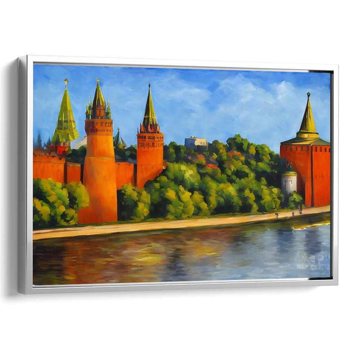 Historic Red Towers: Reflections on a Serene River Canvas Art Print