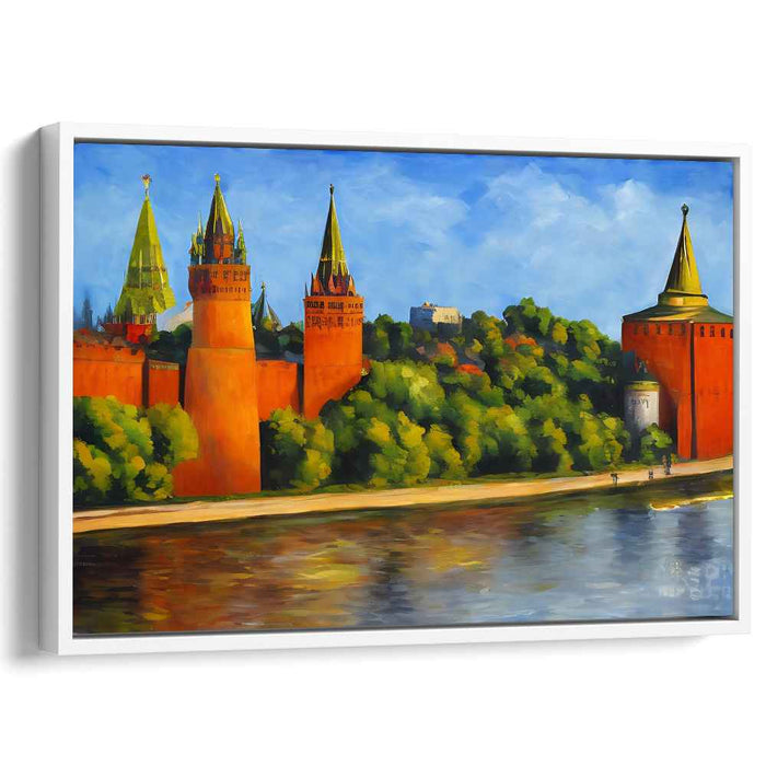 Historic Red Towers: Reflections on a Serene River Canvas Art Print
