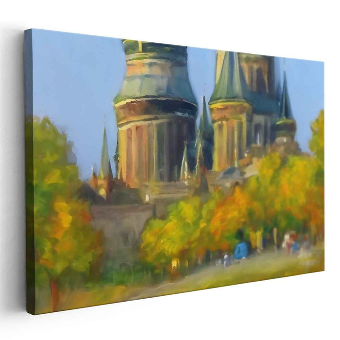 Stained Glass Morning Serenity: Impressionist Cathedral Landscape Canvas Art Print