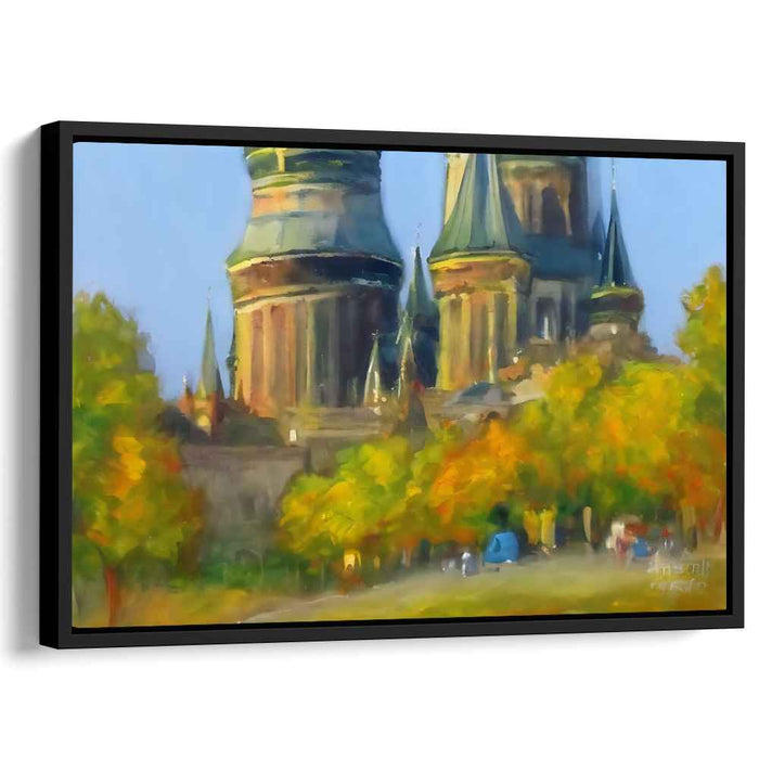 Stained Glass Morning Serenity: Impressionist Cathedral Landscape Canvas Art Print