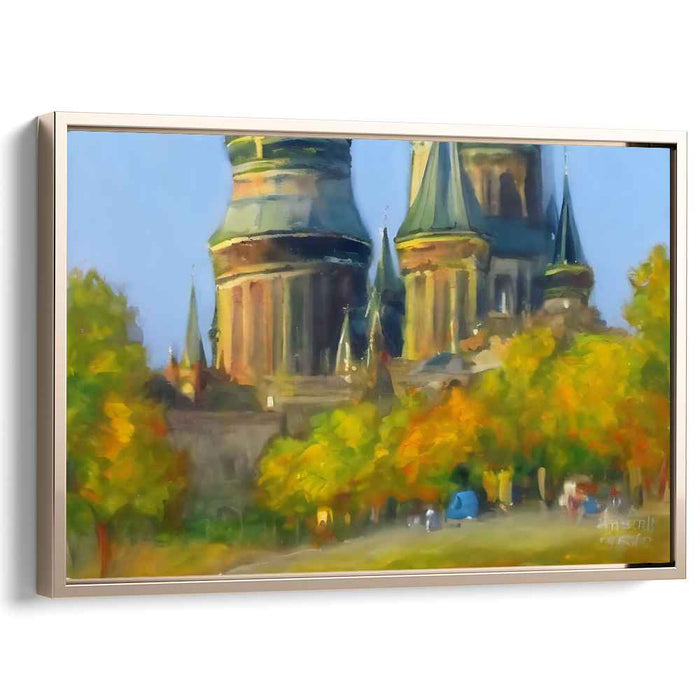 Stained Glass Morning Serenity: Impressionist Cathedral Landscape Canvas Art Print