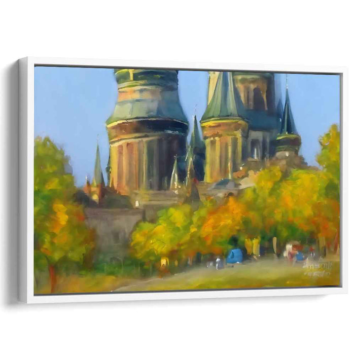 Stained Glass Morning Serenity: Impressionist Cathedral Landscape Canvas Art Print