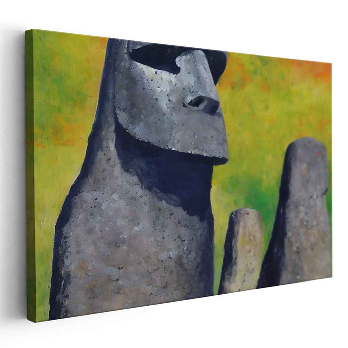 Echoes of Timeless Sunset Glow: Moai Statues Against a Vibrant Sunset Canvas Art