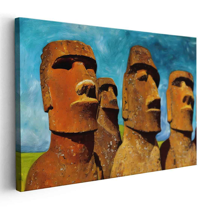 Eternal Gaze Illusion: Moai Statues Against a Swirling Sky Canvas Art Print