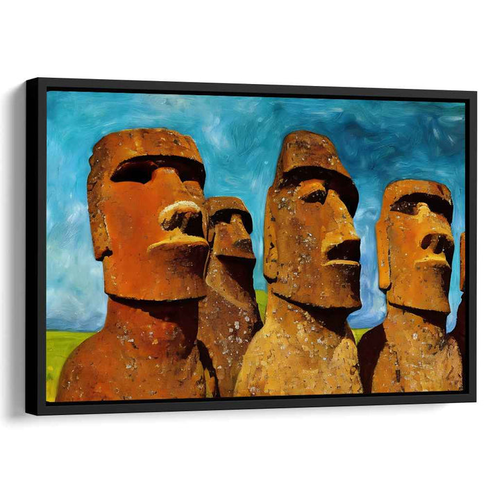 Eternal Gaze Illusion: Moai Statues Against a Swirling Sky Canvas Art Print