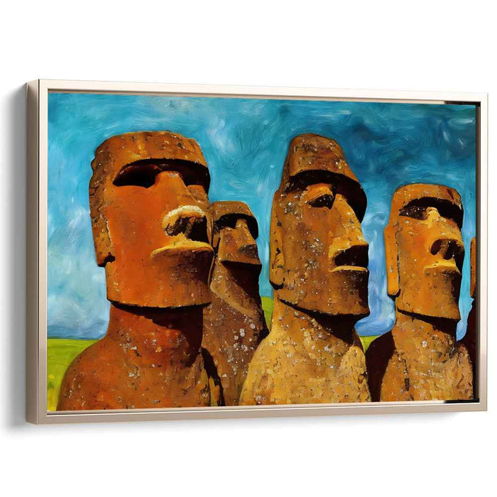 Eternal Gaze Illusion: Moai Statues Against a Swirling Sky Canvas Art Print