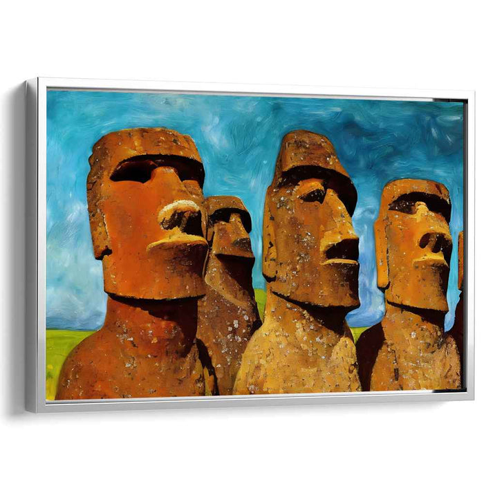 Eternal Gaze Illusion: Moai Statues Against a Swirling Sky Canvas Art Print