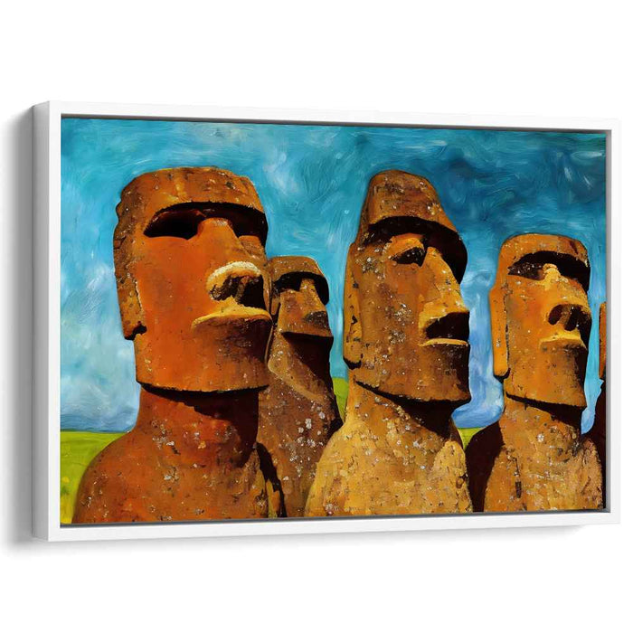 Eternal Gaze Illusion: Moai Statues Against a Swirling Sky Canvas Art Print