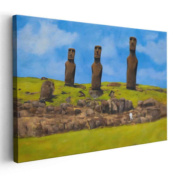 Mystic Guardians Rise Above: Realistic Moai Statues Landscape Canvas Art Print