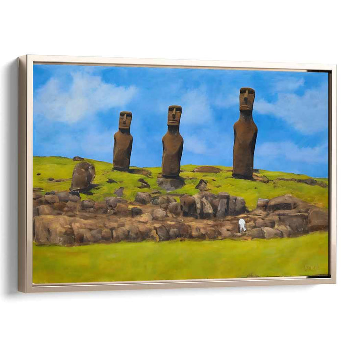 Mystic Guardians Rise Above: Realistic Moai Statues Landscape Canvas Art Print