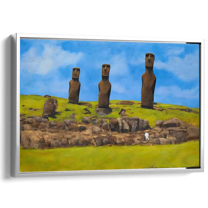 Mystic Guardians Rise Above: Realistic Moai Statues Landscape Canvas Art Print