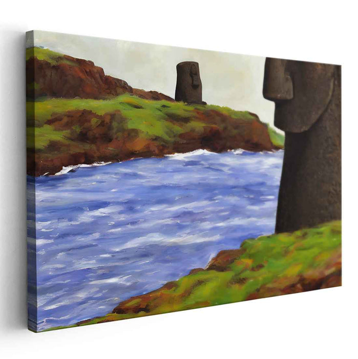Mystic Guardians: Moai Statues Overlooking Serene River