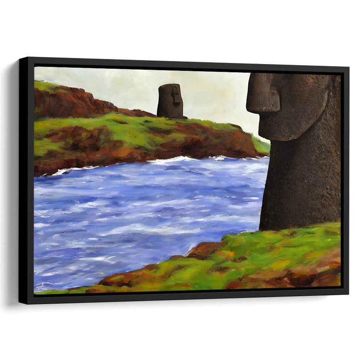Mystic Guardians: Moai Statues Overlooking Serene River