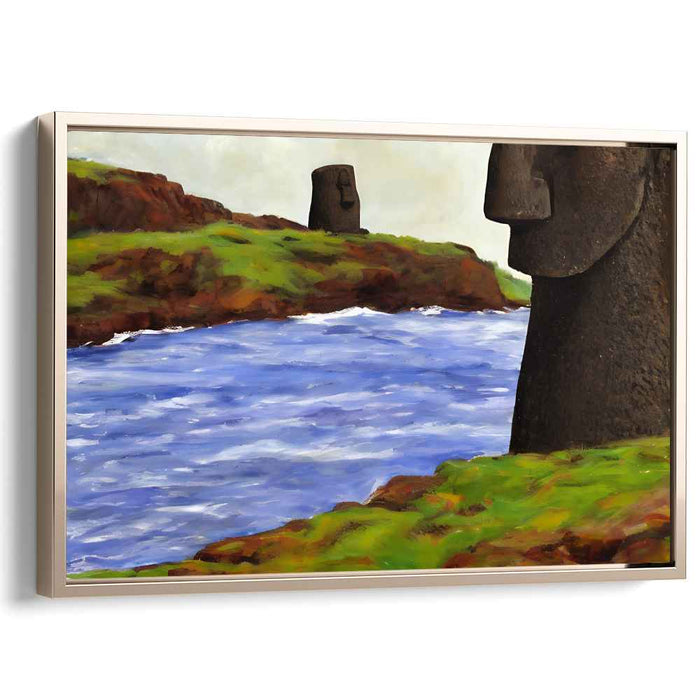 Mystic Guardians: Moai Statues Overlooking Serene River