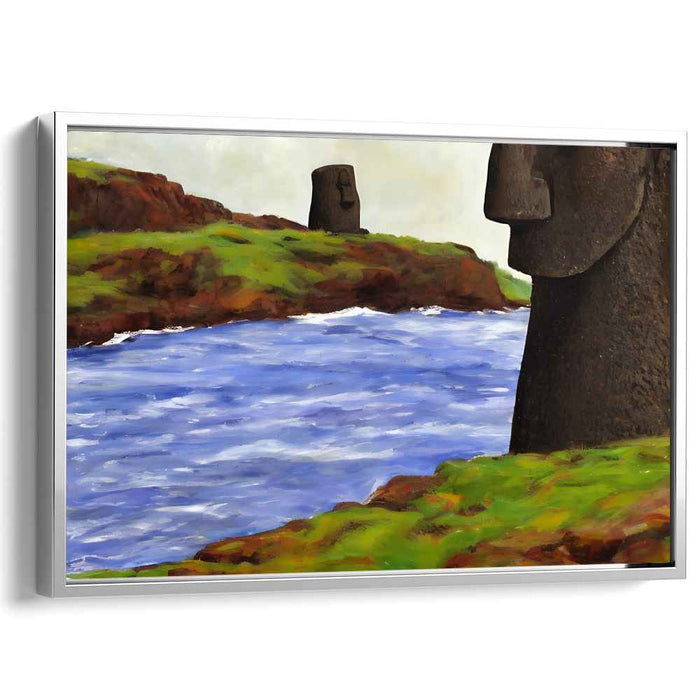Mystic Guardians: Moai Statues Overlooking Serene River