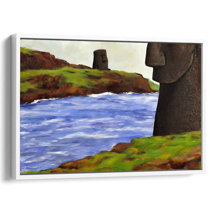 Mystic Guardians: Moai Statues Overlooking Serene River