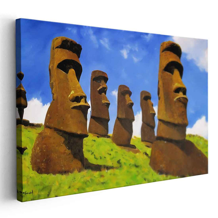 Ethereal Stone Guardians Dance Above: Majestic Moai Statues Under a Brilliant Sky